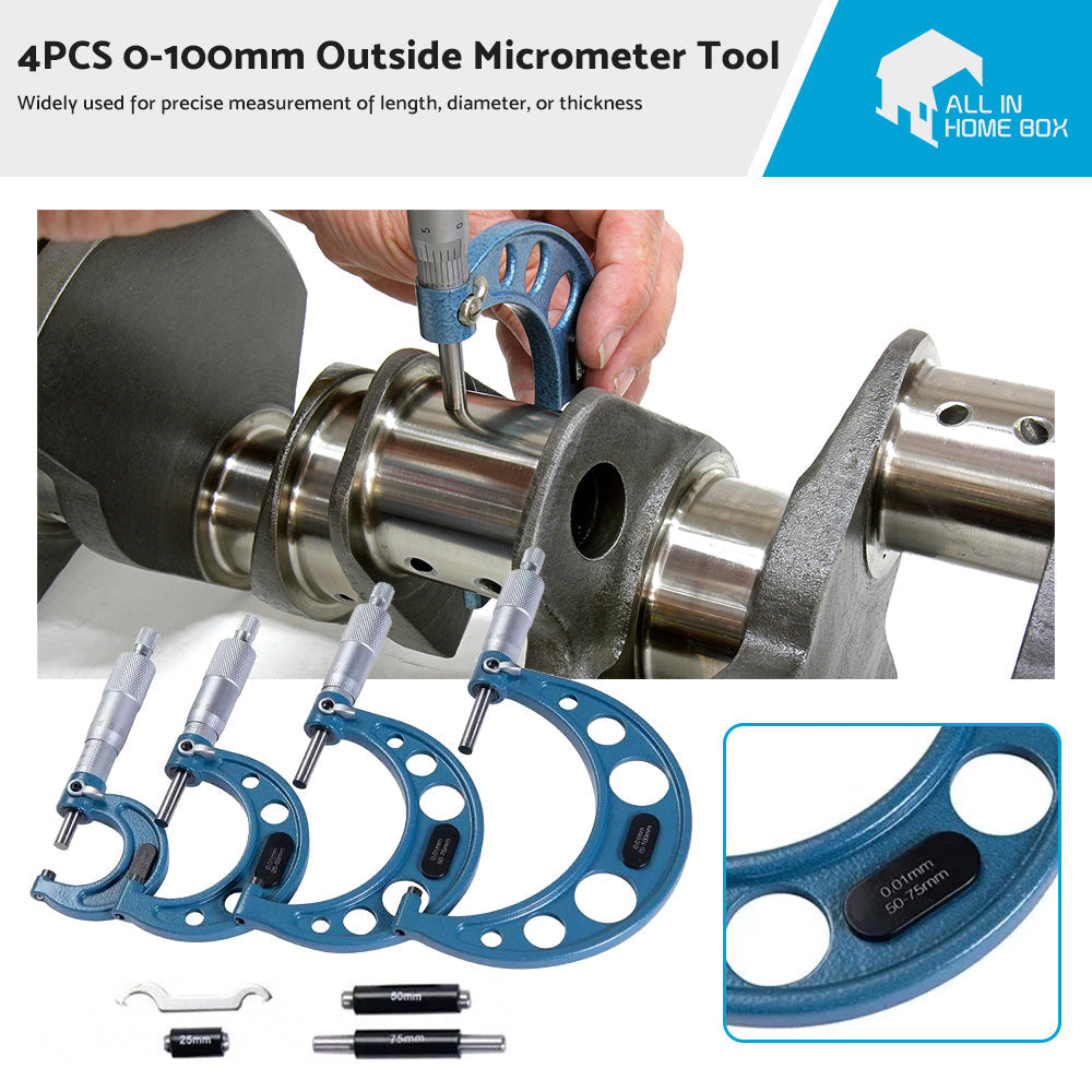 4pcs 0-100mm Outside Micrometer Machinist Tool Set Carbide 0. 01mm-2