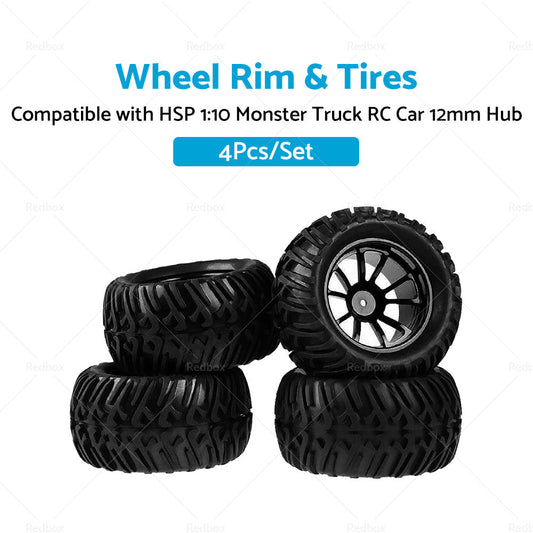 4x Wheel Rim  and  Tires Suitable For HSP 1 10 Monster Truck RC Car 12mm Hub-1