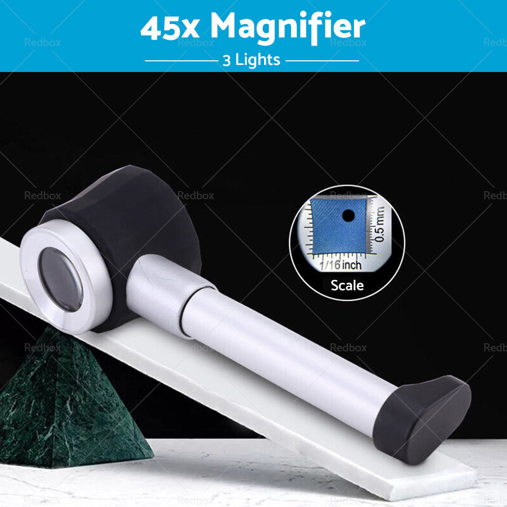 Hand Held 45x Magnifying Glass Jewellery Magnifier Loupe with Scale 3 Led Lights-4