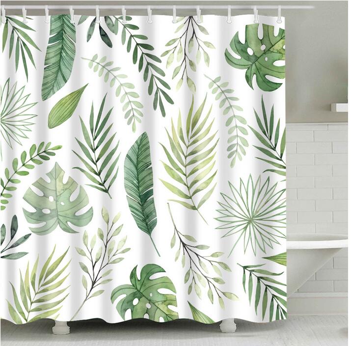 Bathroom Fabric Shower Curtain 12 Hook Set Water Resistant Tropical Plants Panel-6