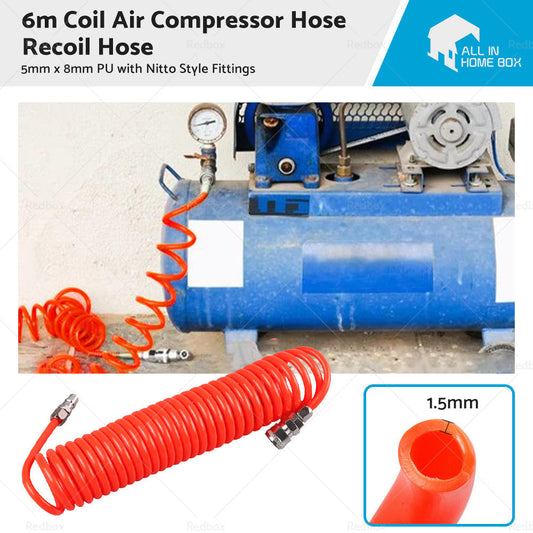 6m Coil Air Compressor Hose Recoil Hose 5mm x 8mm PU with Nitto Style Fittings-0