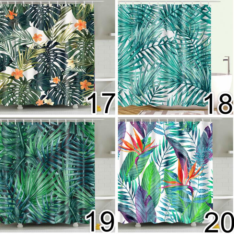 Bathroom Fabric Shower Curtain 12 Hook Set Water Resistant Tropical Plants Panel-4