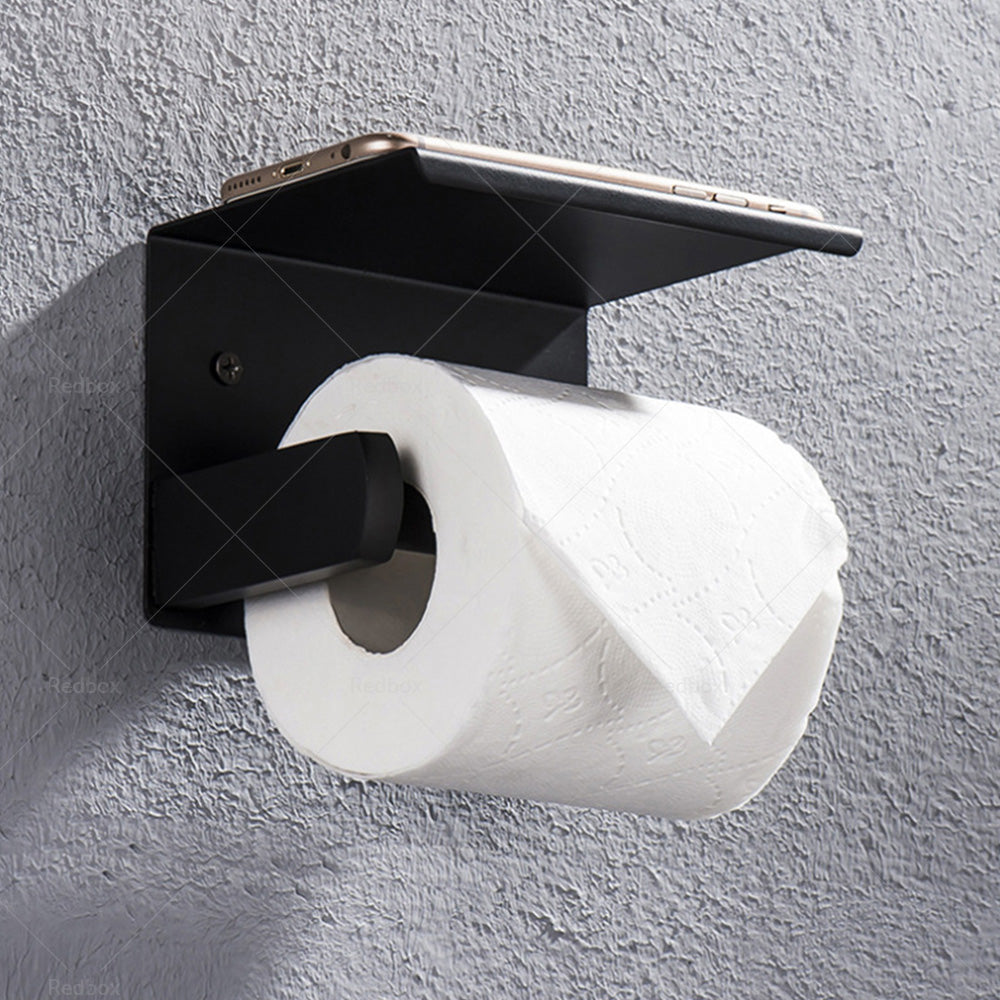 2x Stainless Steel Paper Toilet Roll Holder Storage Hook + Phone Shelf Bathroom-3