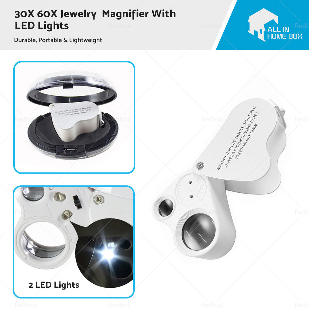 30X 60X Jewelry Loupe LED Lighted Illuminated Jewelers Eye Loop 2 Lens Magnifier-0