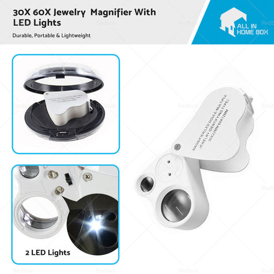 30X 60X Jewelry Loupe LED Lighted Illuminated Jewelers Eye Loop 2 Lens Magnifier-0