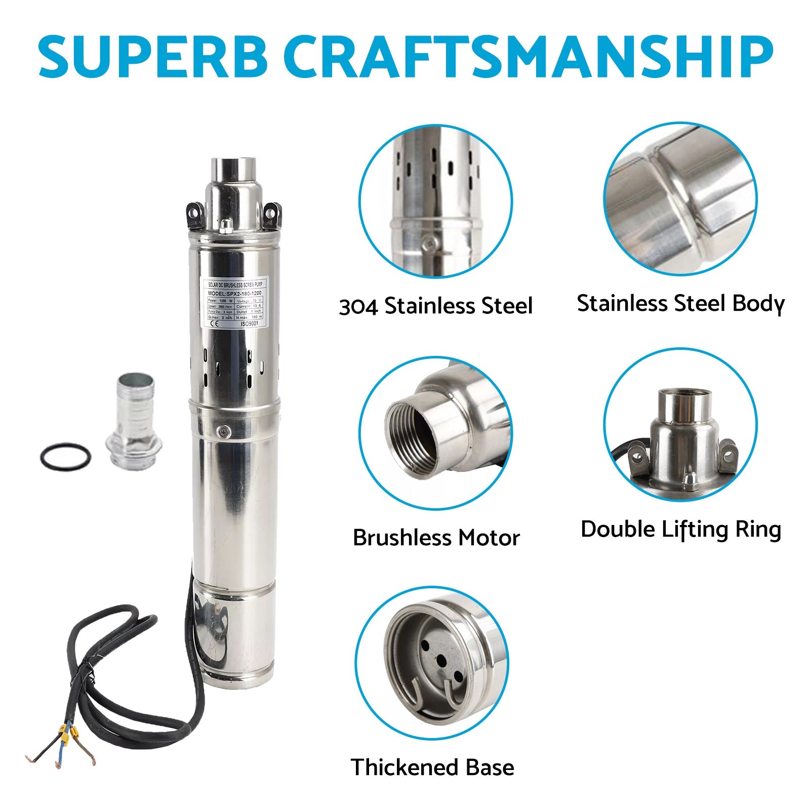 48V 750W MPPT Solar Water Pump 3in Screw Submersible Bore Pump Deep Well 140M-4