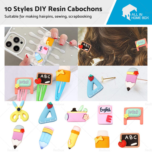 50X 10 Style 3D Resin Cabochon School Theme Colorful DIY Craft Pencil Ruler Book-0