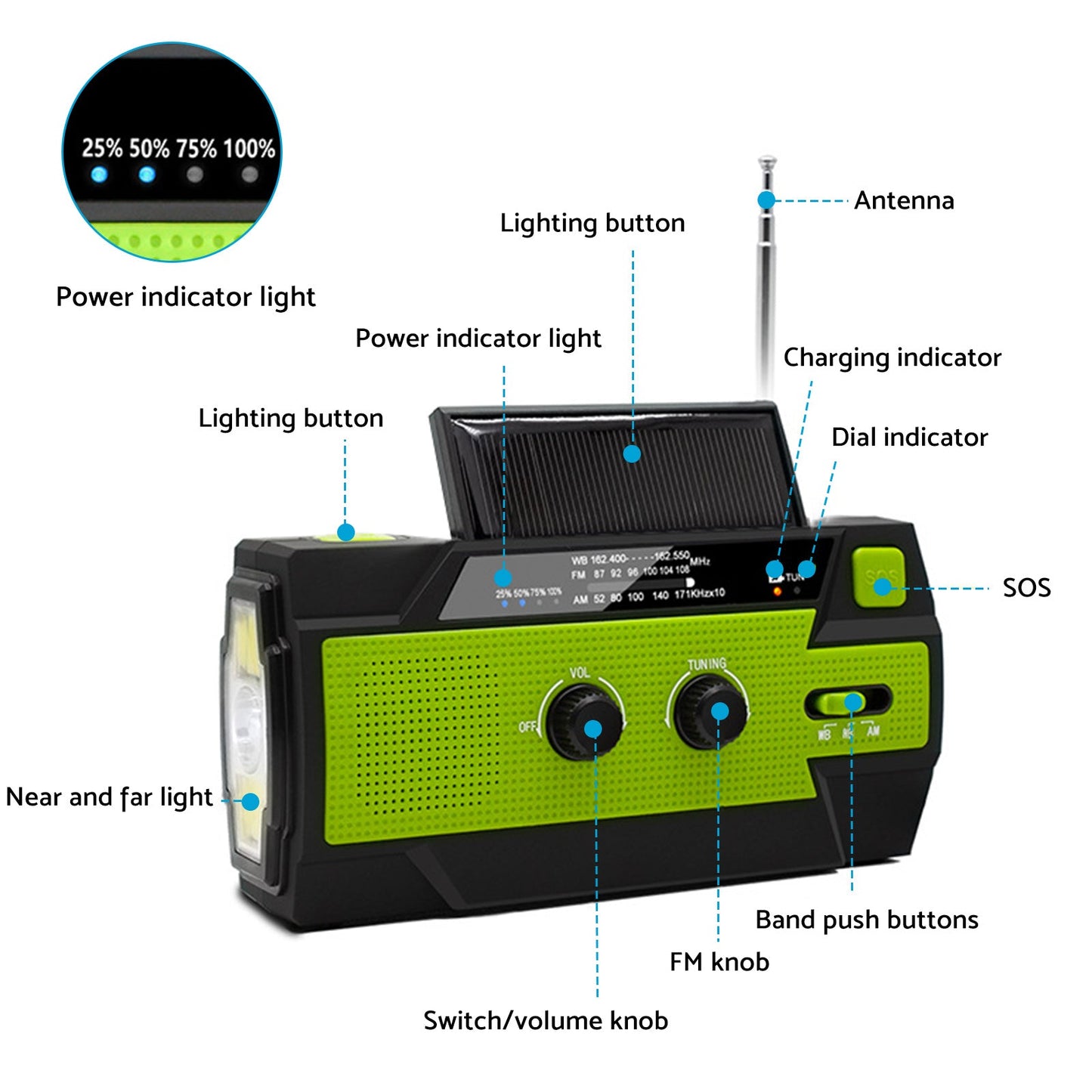 4000mAh Emergency Solar Hand Crank Weather Radio Power Bank Charger Flashlight-3