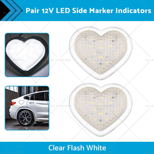 Heart Pair 12V LED Side Marker Indicators Clear Flash White-1