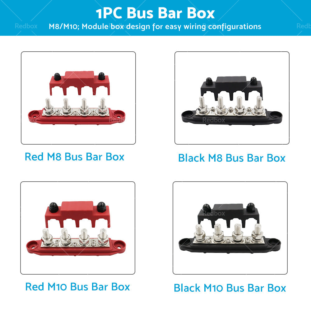 1x M8 or M10 DC 48V Studs Bus Bar Power Distribution Box Terminal Block Red or Black-2