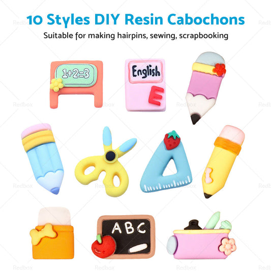 50X 10 Style 3D Resin Cabochon School Theme Colorful DIY Craft Pencil Ruler Book-1