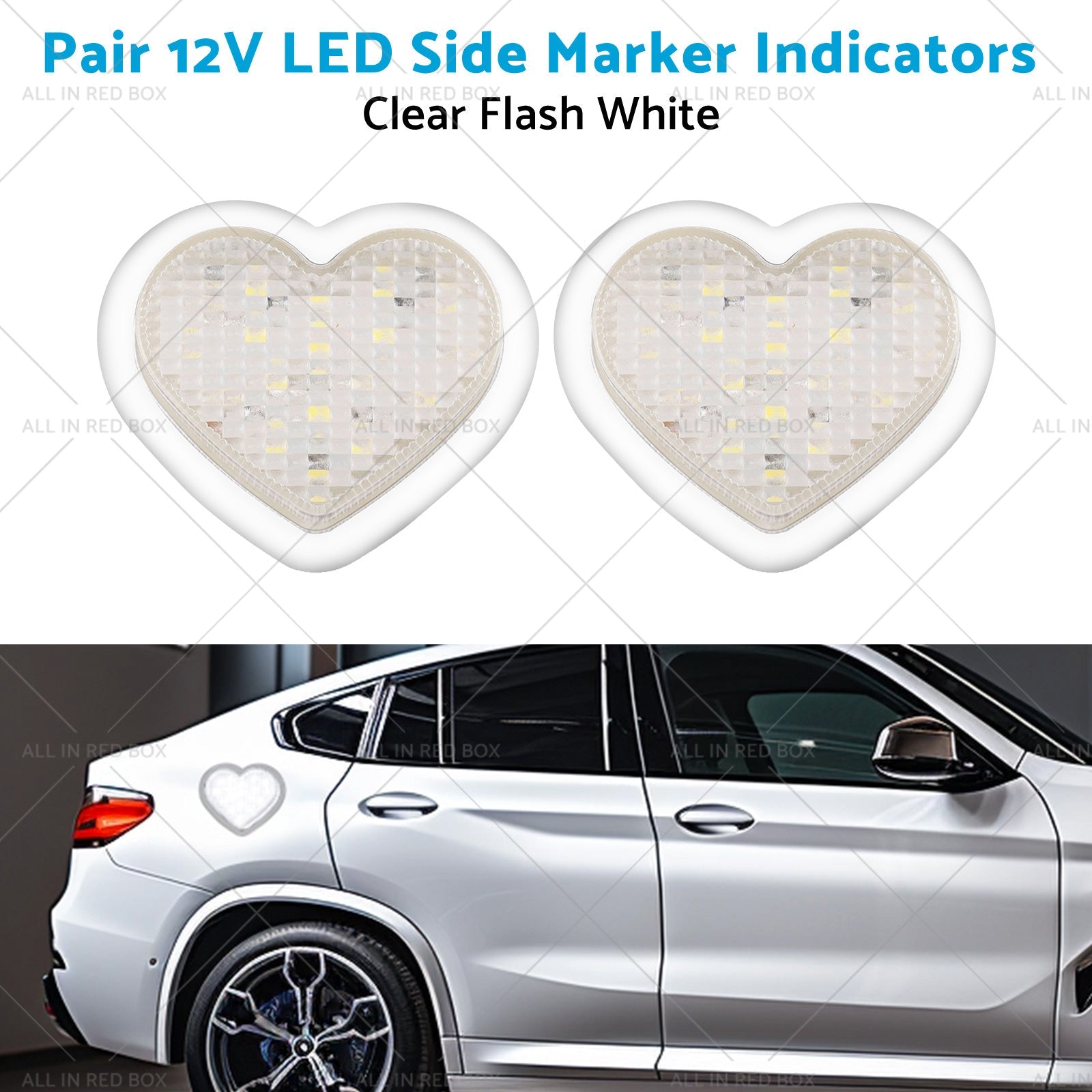 Heart Pair 12V LED Side Marker Indicators Clear Flash White-4