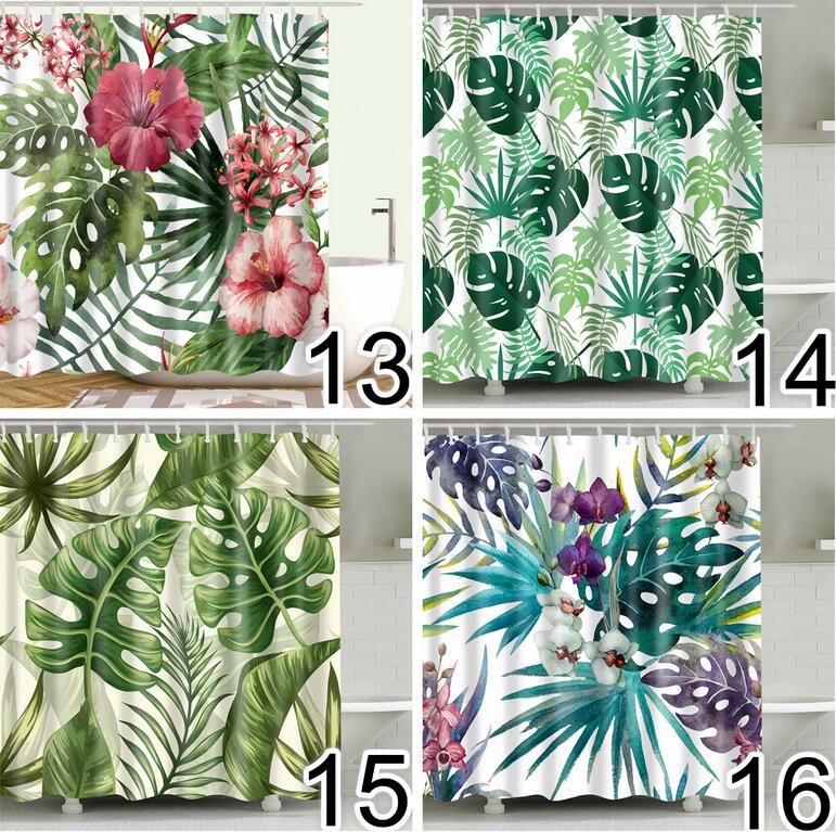 Bathroom Fabric Shower Curtain 12 Hook Set Water Resistant Tropical Plants Panel-3