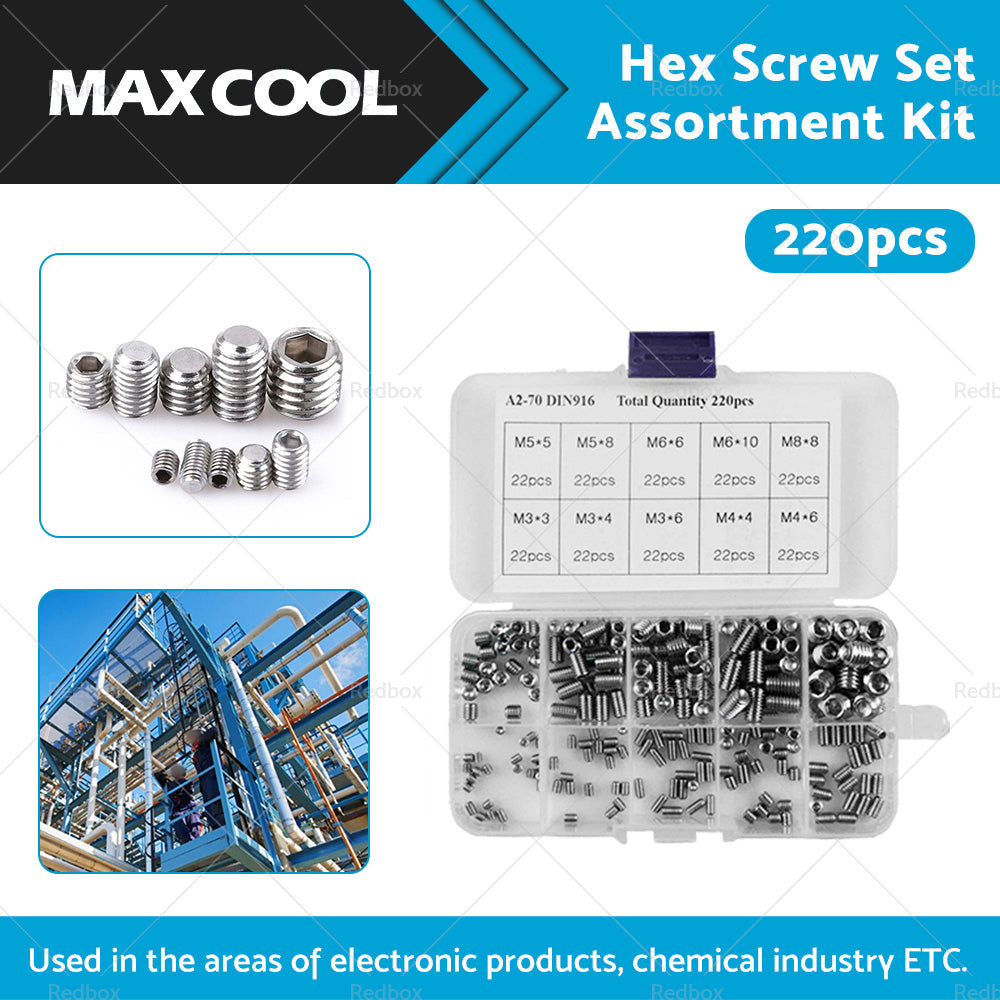 220Pcs Stainless Steel Allen Head Socket Set Grub Screws Assortment Kit-1