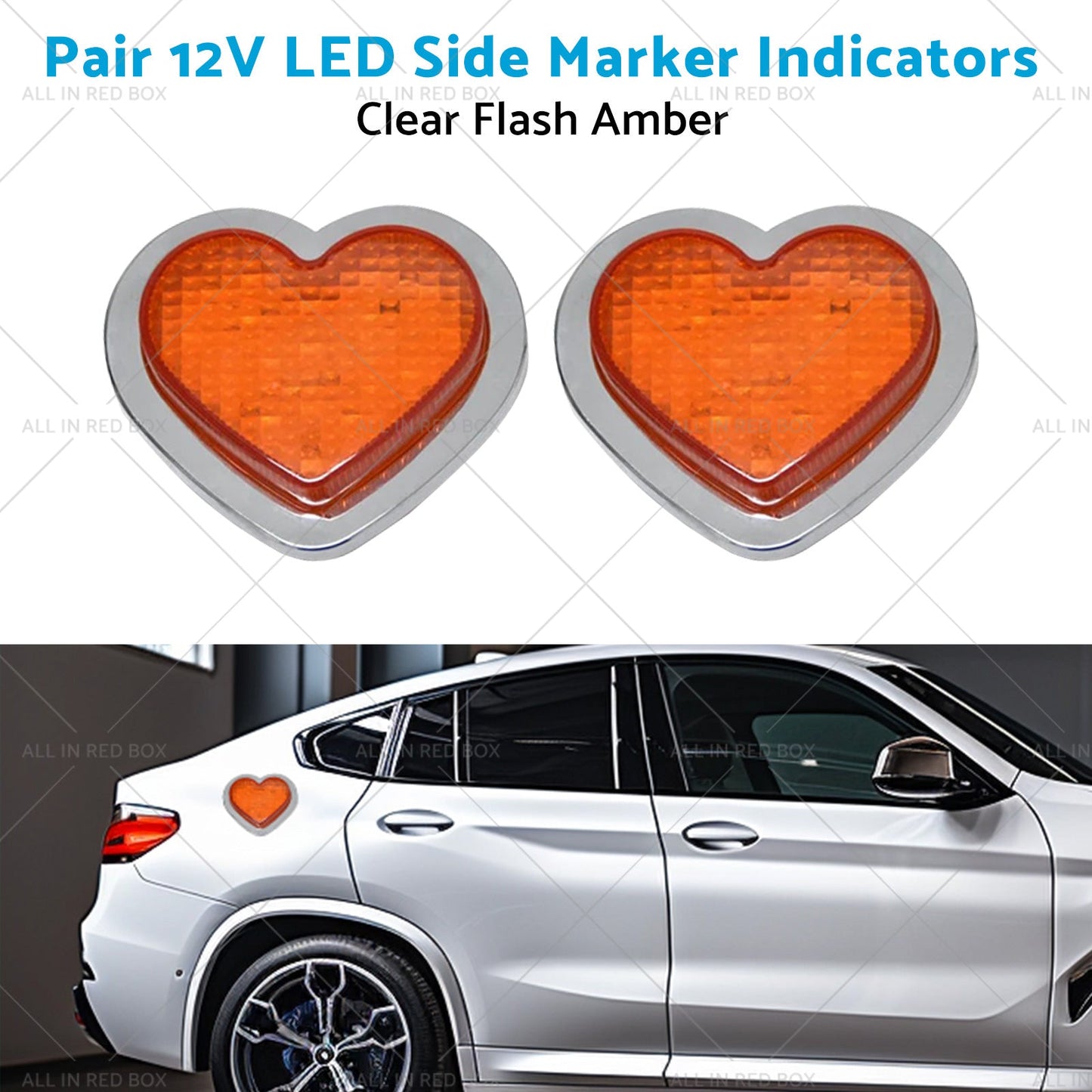 Heart Pair 12V LED Side Marker Indicators Clear Flash Amber-4