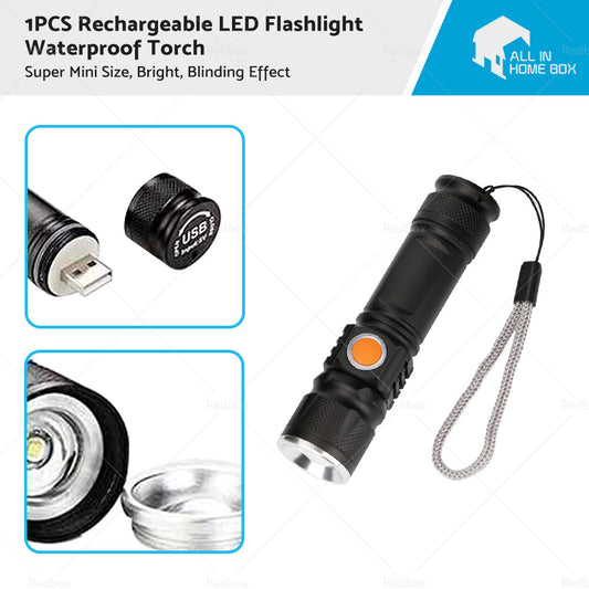 1pcs Black USB Rechargeable LED Flashlight Waterproof Torch Outdoor-0