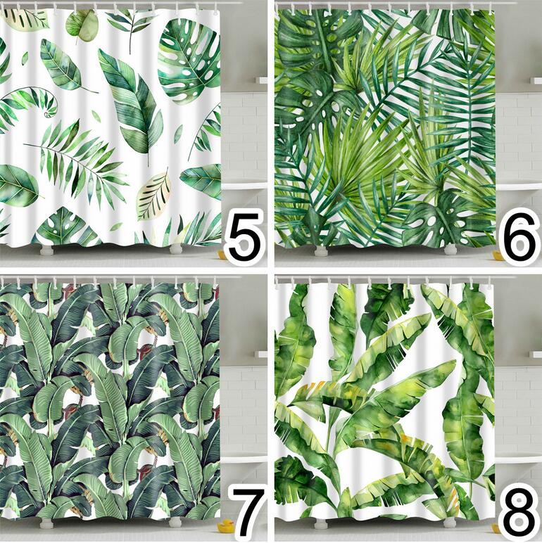 Bathroom Fabric Shower Curtain 12 Hook Set Water Resistant Tropical Plants Panel-1