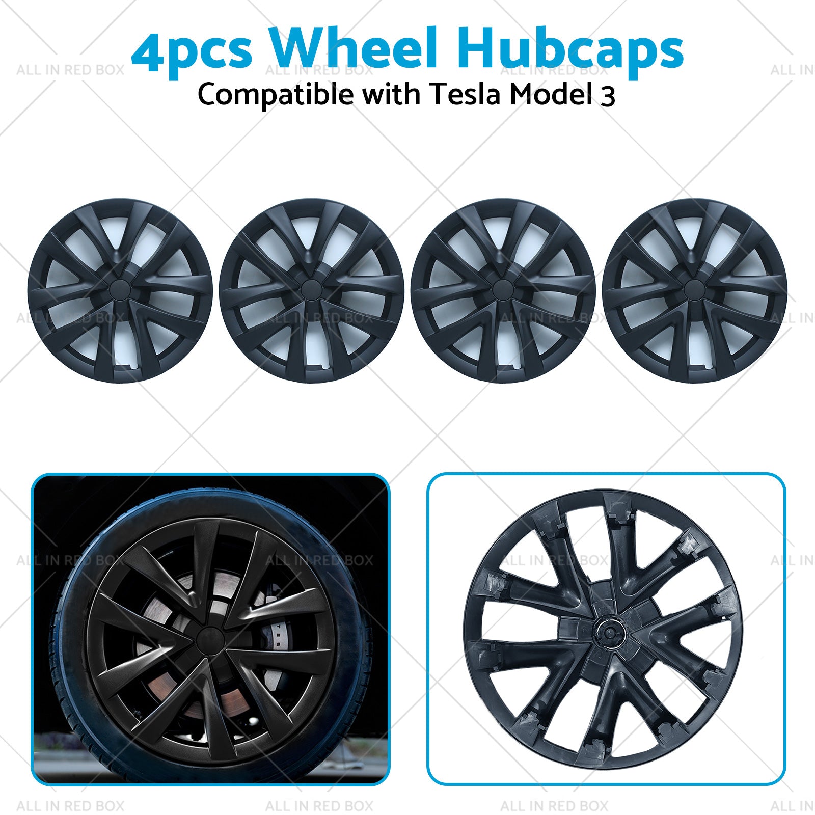 4PCS Matt Black Wheel Cover Hub Caps Rim Hubcap Suitable for Tesla Model 3-4