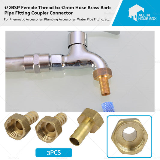 3pcs 1 or 2BSP Female Thread to 12mm Hose Brass Barb Pipe Fitting Coupler Connector-0