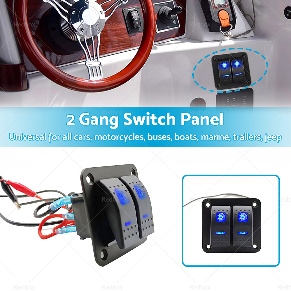 2 Gang Blue LED Light Rocker Switch Panel Dual LED Boat Car Waterproof-2