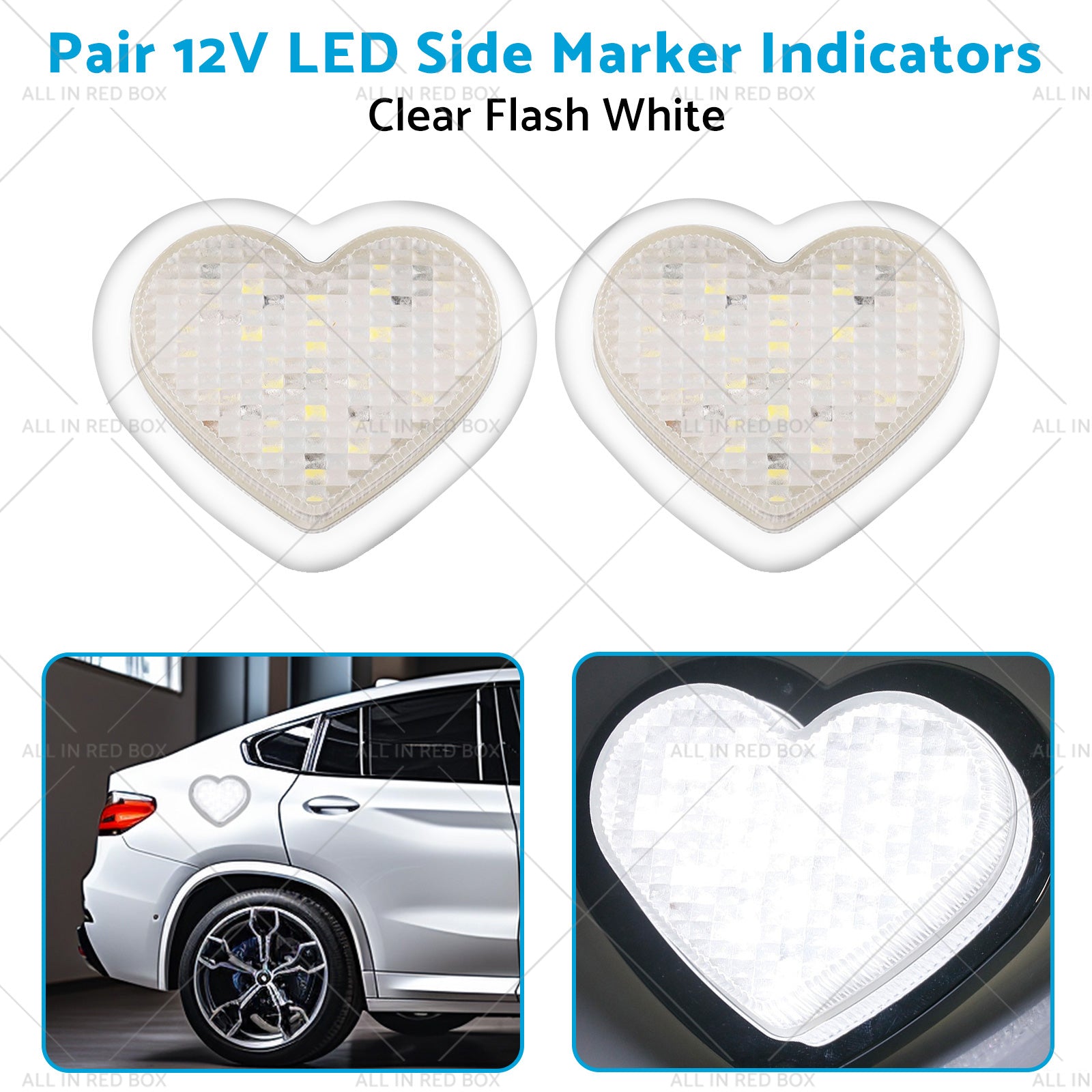 Heart Pair 12V LED Side Marker Indicators Clear Flash White-3