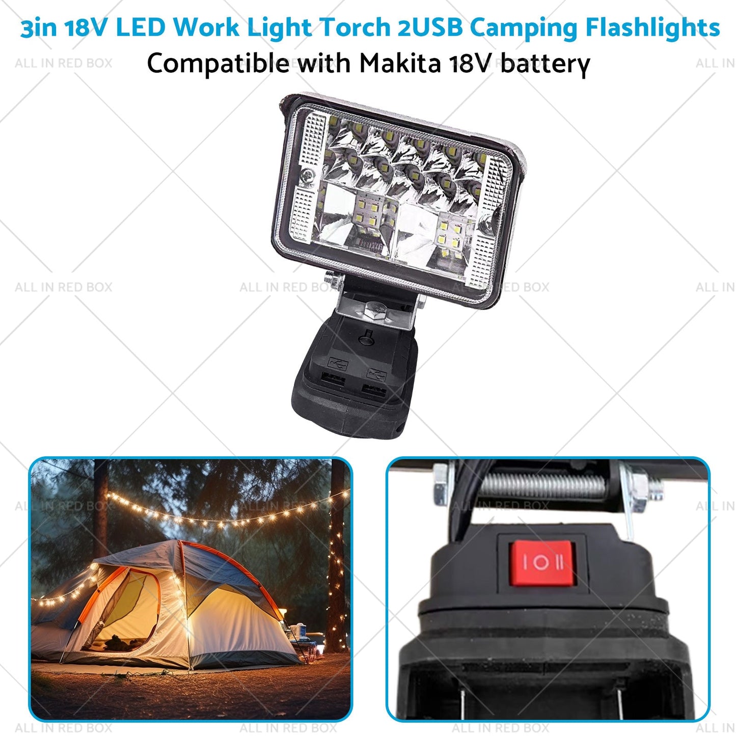 3in 18V LED Work Light Torch Camping Flashlights 2USB Suitablefor Makita Battery-2