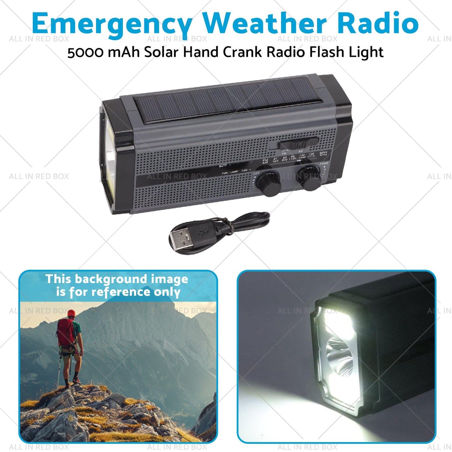 Solar Hand Crank Radio Emergency Weather 5000mAh Power Bank Flash Light Black-2