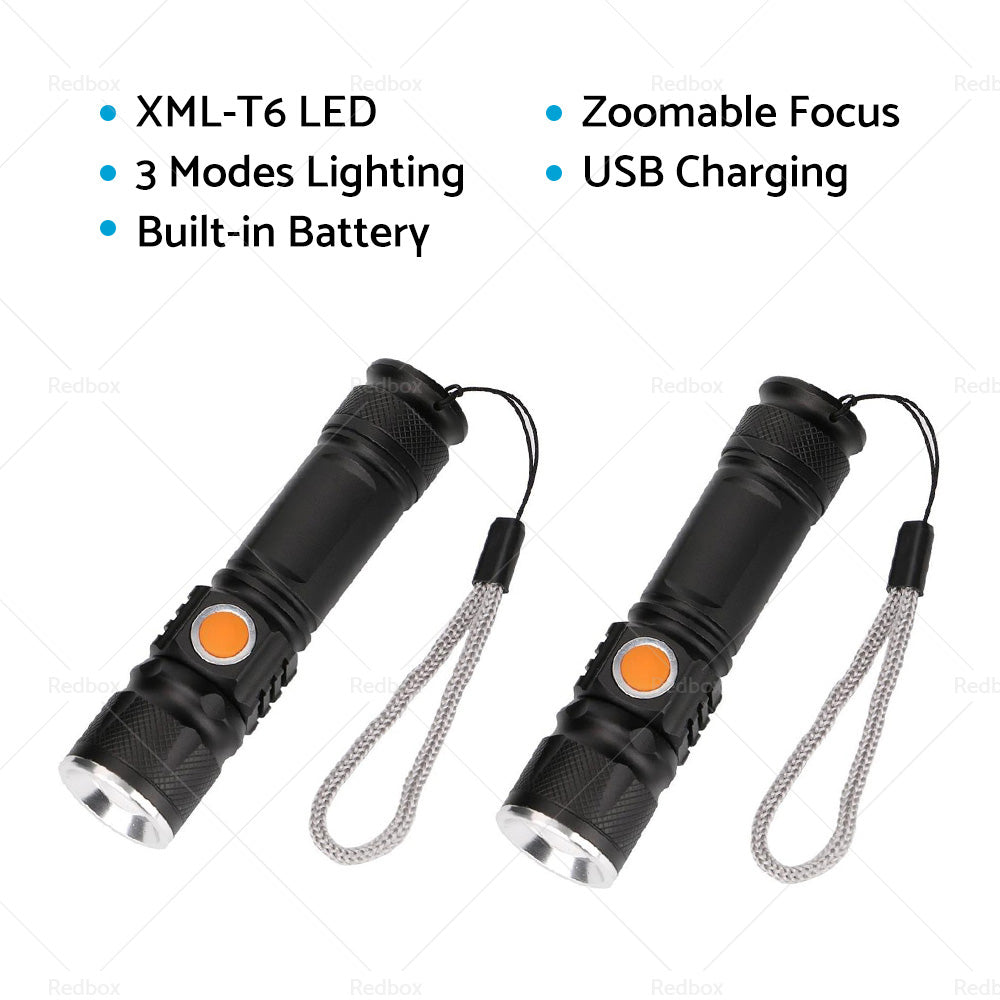 2PCS USB Rechargeable LED Flashlight Waterproof Torch Black-2
