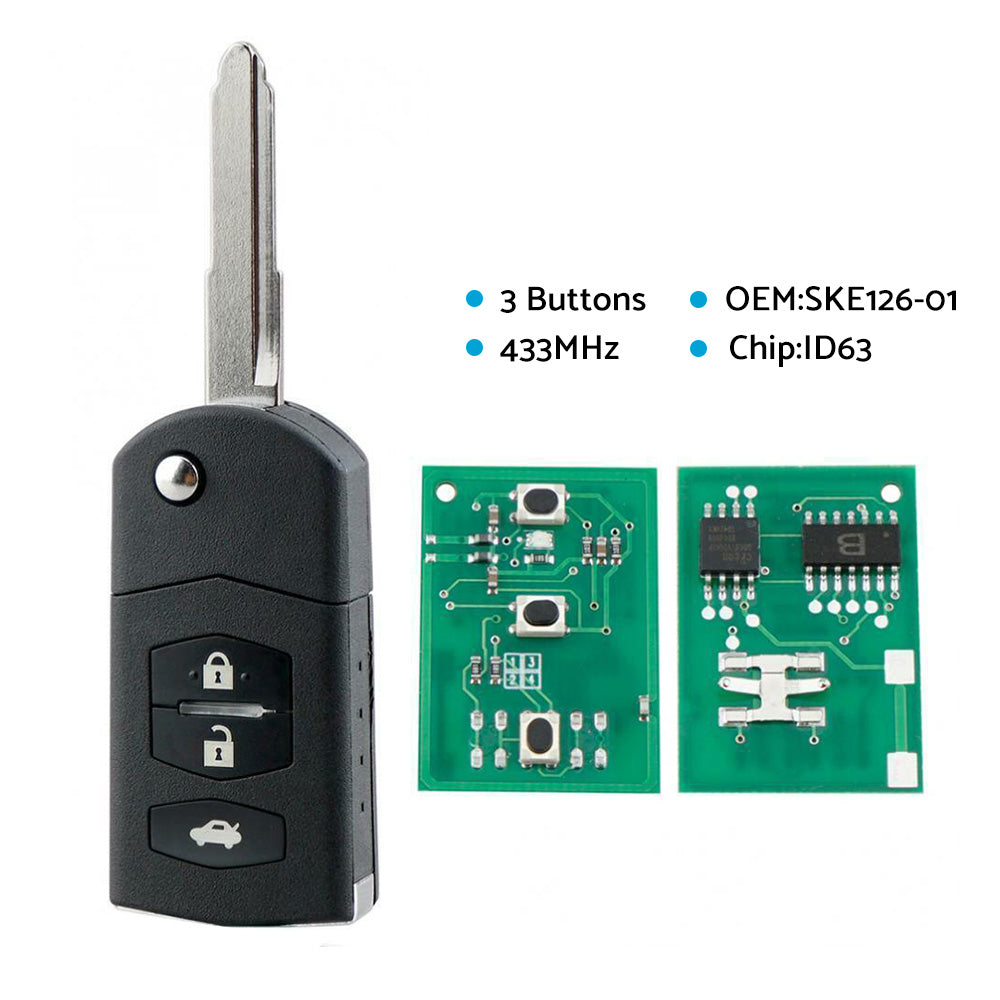 3 Button Complete Remote Car Key 433MHz ID63 80Bit Chip Suitable For Mazda 2 3 6-3