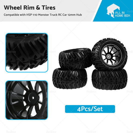4x Wheel Rim  and  Tires Suitable For HSP 1 10 Monster Truck RC Car 12mm Hub-0