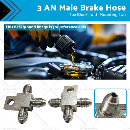 Pair of Stainless Steel - 3 AN Male Brake Hose Tee Blocks with Mounting Tab-0