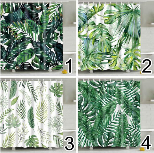 Bathroom Fabric Shower Curtain 12 Hook Set Water Resistant Tropical Plants Panel-0