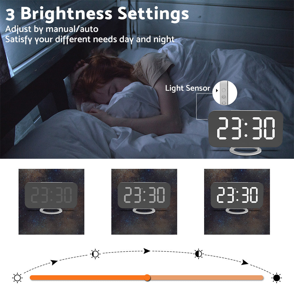 Digital Alarm Clock Mirror LED Display Snooze Function Dim Mode Wall Bedroom-2