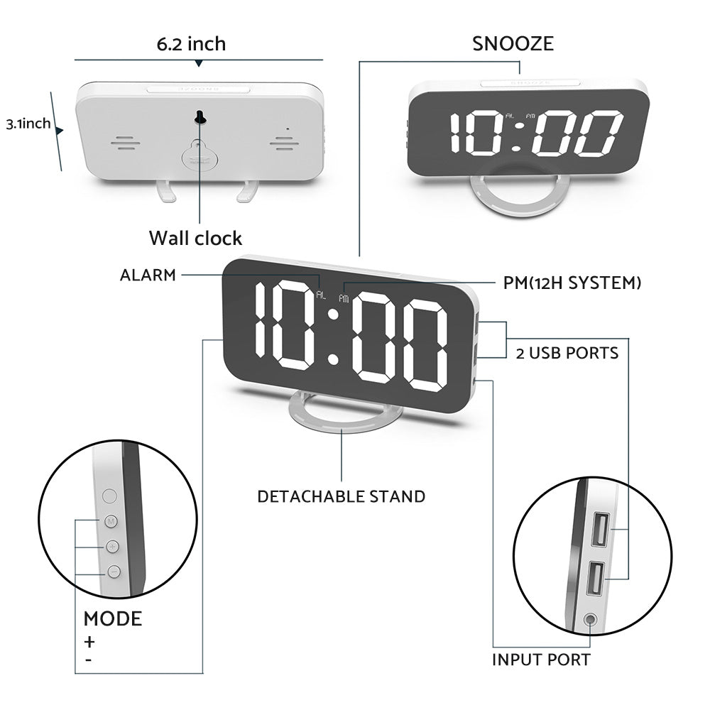 Digital Alarm Clock Mirror LED Display Snooze Function Dim Mode Wall Bedroom-1