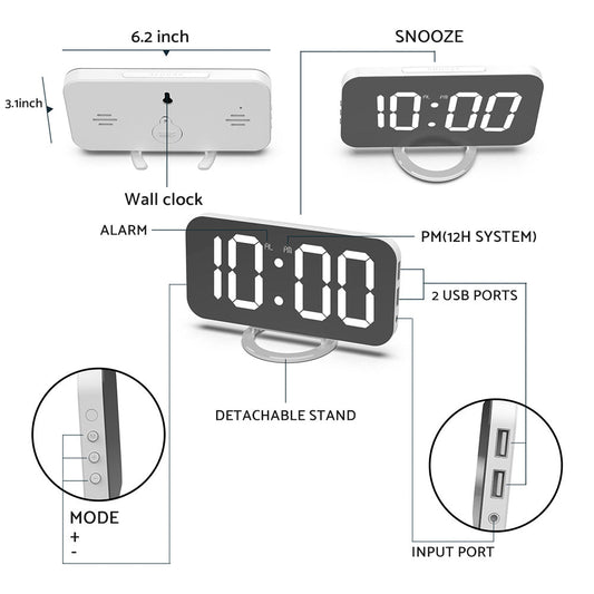 Digital Alarm Clock Mirror LED Display Snooze Function Dim Mode Wall Bedroom-1
