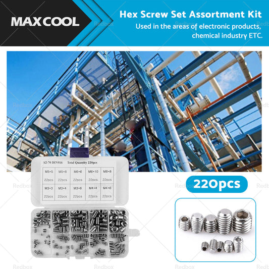 220Pcs Stainless Steel Allen Head Socket Set Grub Screws Assortment Kit-0