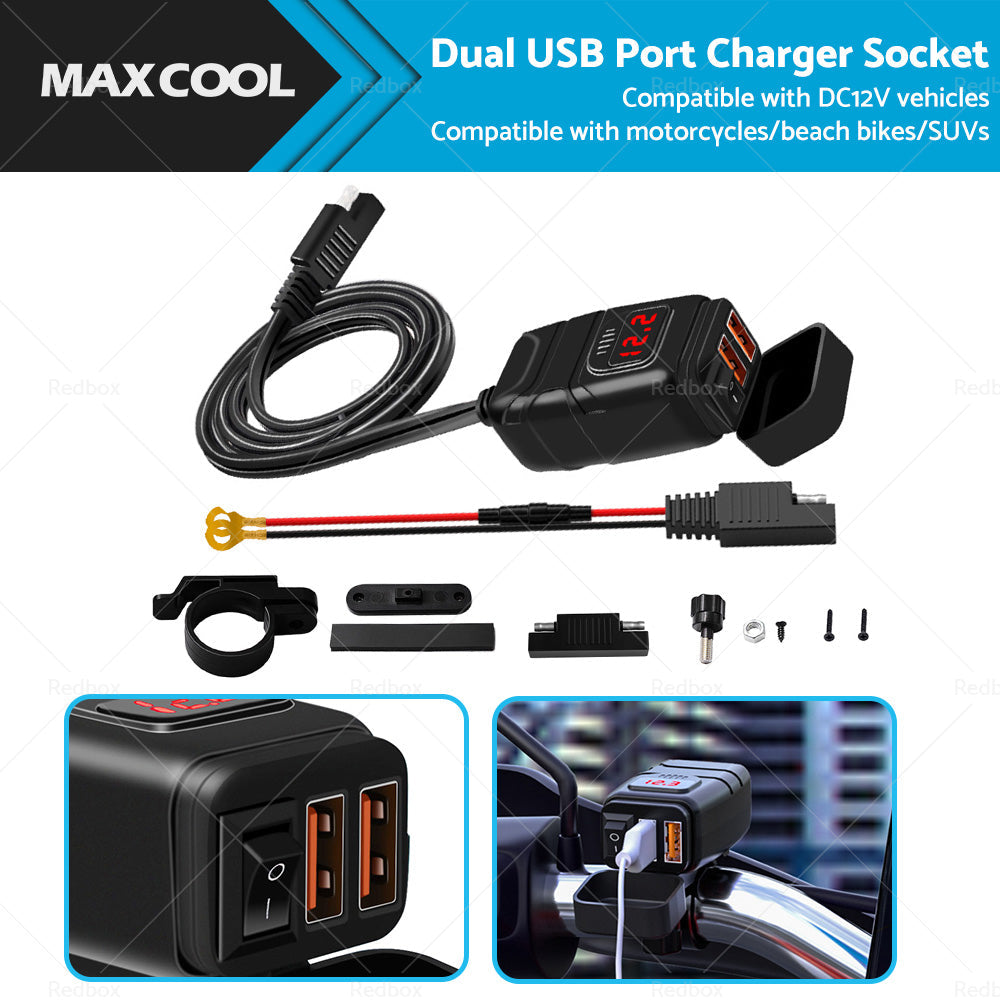 Dual USB Port Motorcycle Fast Charger Socket LED Voltmeter Display ON OFF Switch-1