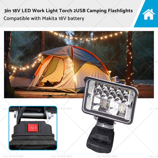 3in 18V LED Work Light Torch Camping Flashlights 2USB Suitablefor Makita Battery-0