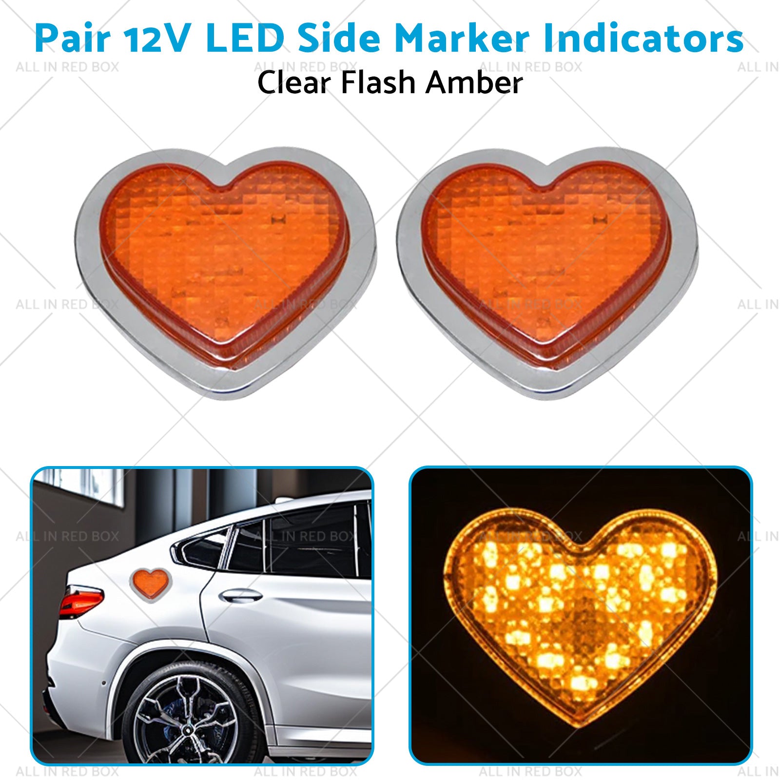 Heart Pair 12V LED Side Marker Indicators Clear Flash Amber-3