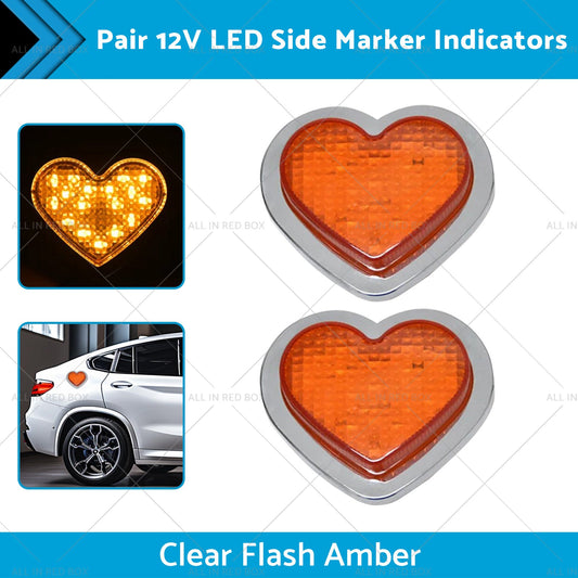 Heart Pair 12V LED Side Marker Indicators Clear Flash Amber-1