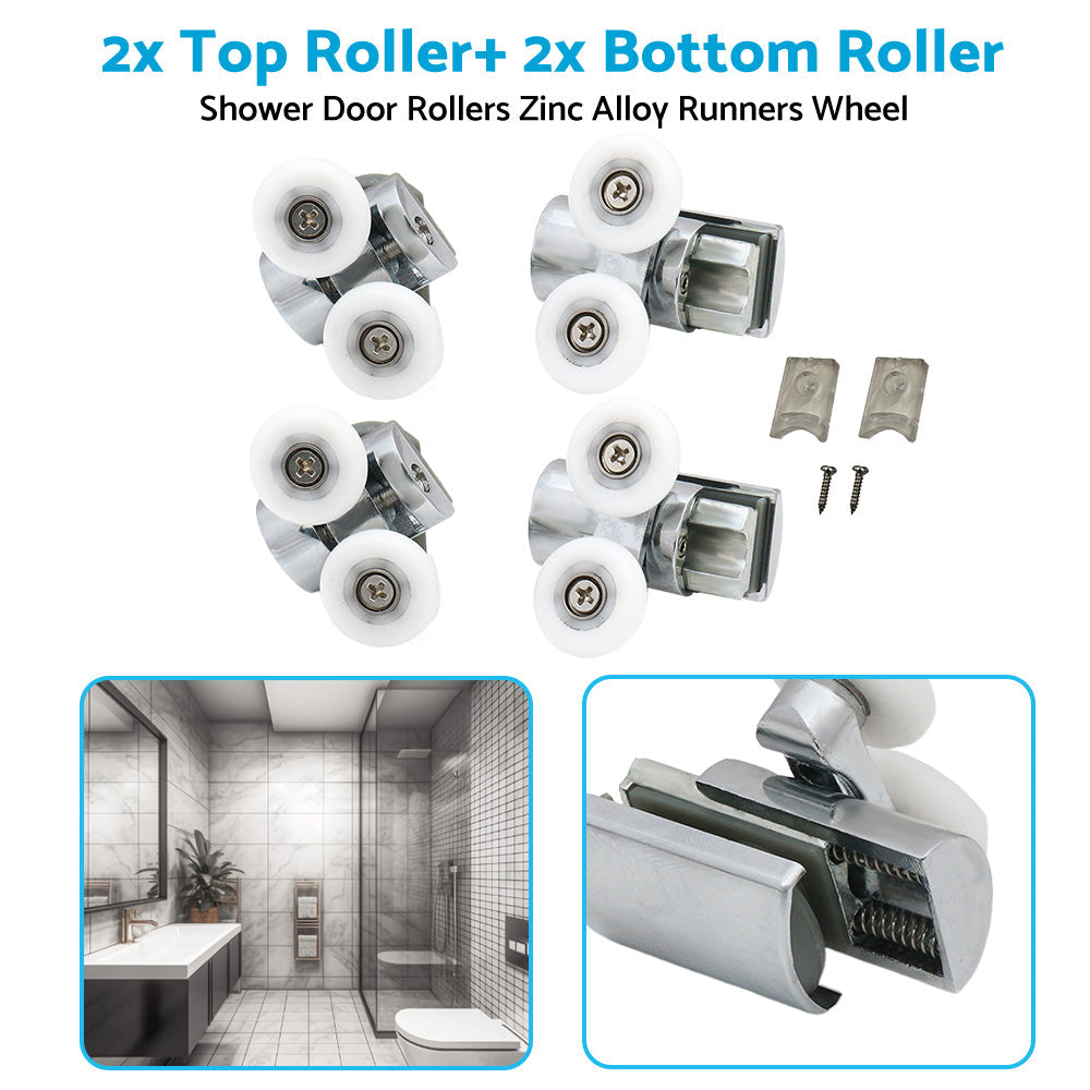 Shower Door Roller 4x Zinc Alloy Twin Top & Bottom Runners Wheel 23mm Suitable For Sliding Doors-3