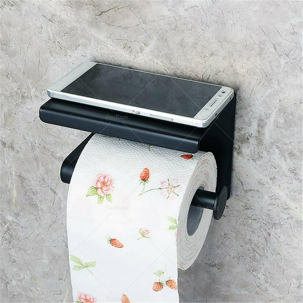 2x Stainless Steel Paper Toilet Roll Holder Storage Hook + Phone Shelf Bathroom-2