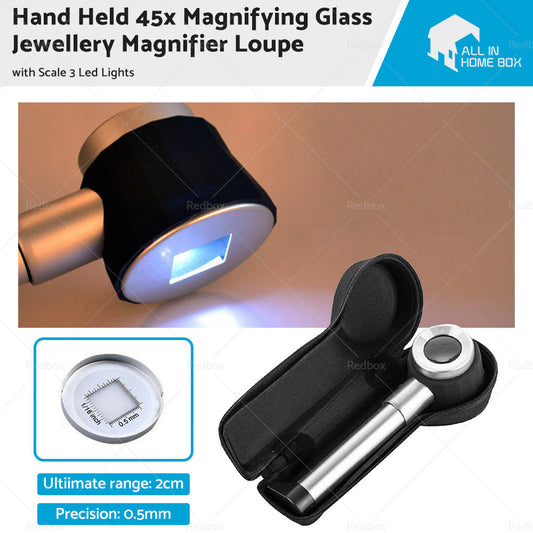 Hand Held 45x Magnifying Glass Jewellery Magnifier Loupe with Scale 3 Led Lights-0