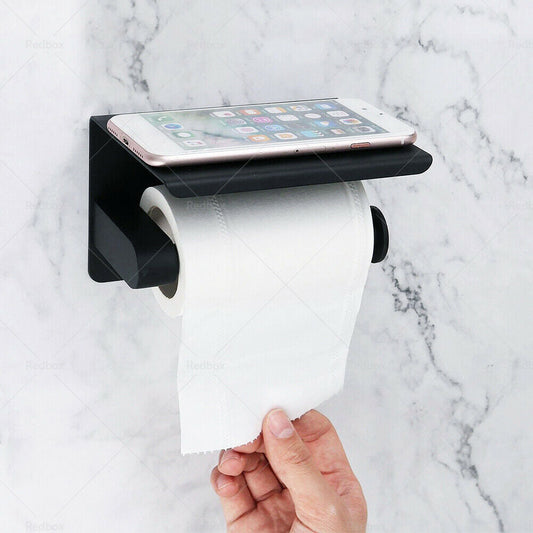 2x Stainless Steel Paper Toilet Roll Holder Storage Hook + Phone Shelf Bathroom-1