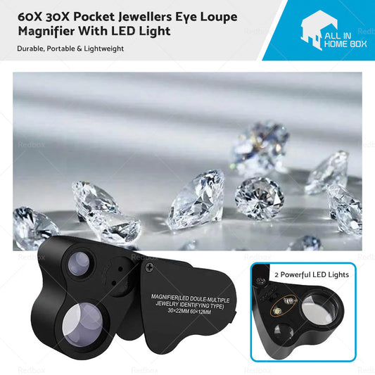 60X 30X Pocket Jewellers Eye Loupe Magnifier Jewelry Magnifying Glass LED Light-0